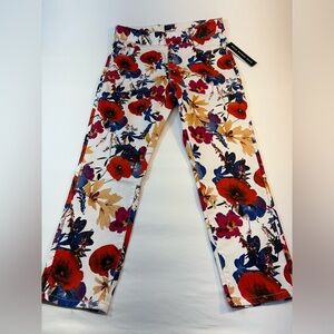 Tribal White Pull On Ankle Jeggings Denim Red, Blue & Gold Floral Motif Size  12